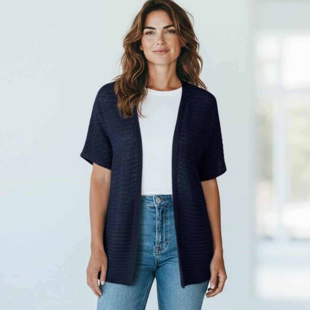 Talbots Women's M‎ Open Cardigan Sweater Navy Blue 100% Linen